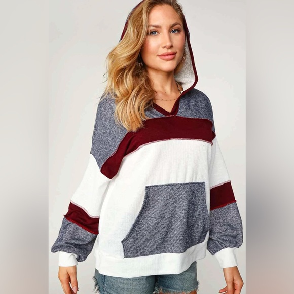 *Last One* Color Block White/Navy/Burgundy Outseam Detail Hoodie Top, sizes M - Picture 3 of 7